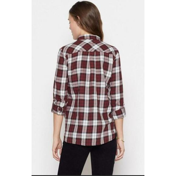 Soft Joie Eggplant Classic Plaid Double Pocket Roll Tab Sleeve Shirt Button SM - Picture 2 of 10